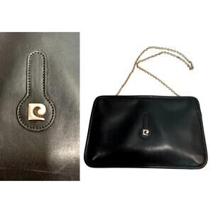 70s MOD Pierre Cardin Black Leather Shoulder Bag Gold Logo & Chain
